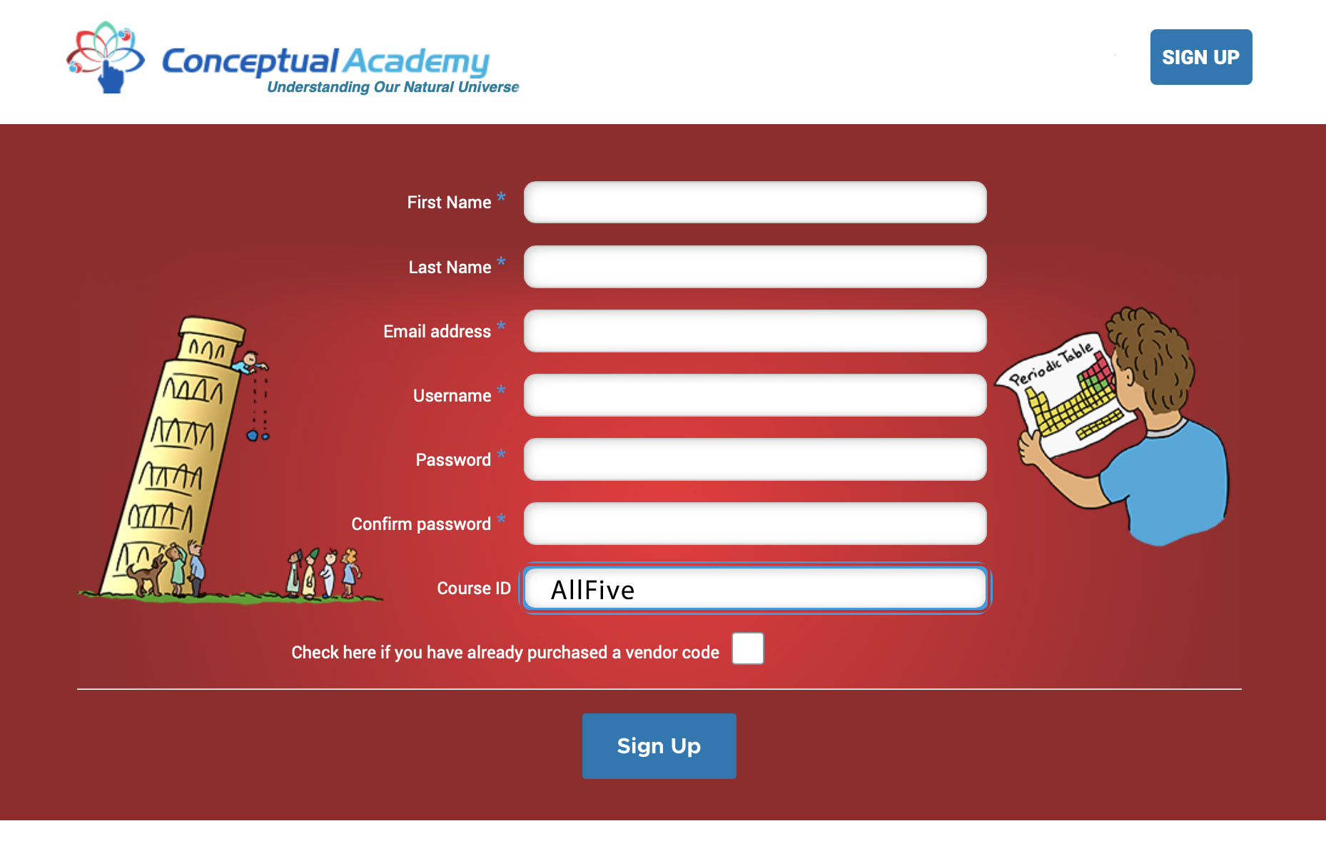 Conceptual Academy sign-up page with Course ID AllFive entered