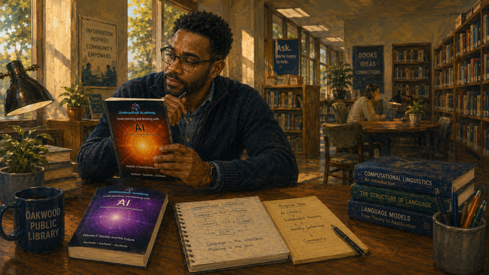 Rich Richards, an assistant librarian at the Oakwood Public Library, holding Volume 1 of Understanding and Working with AI beside his computational-linguistics notes and a page of program ideas.