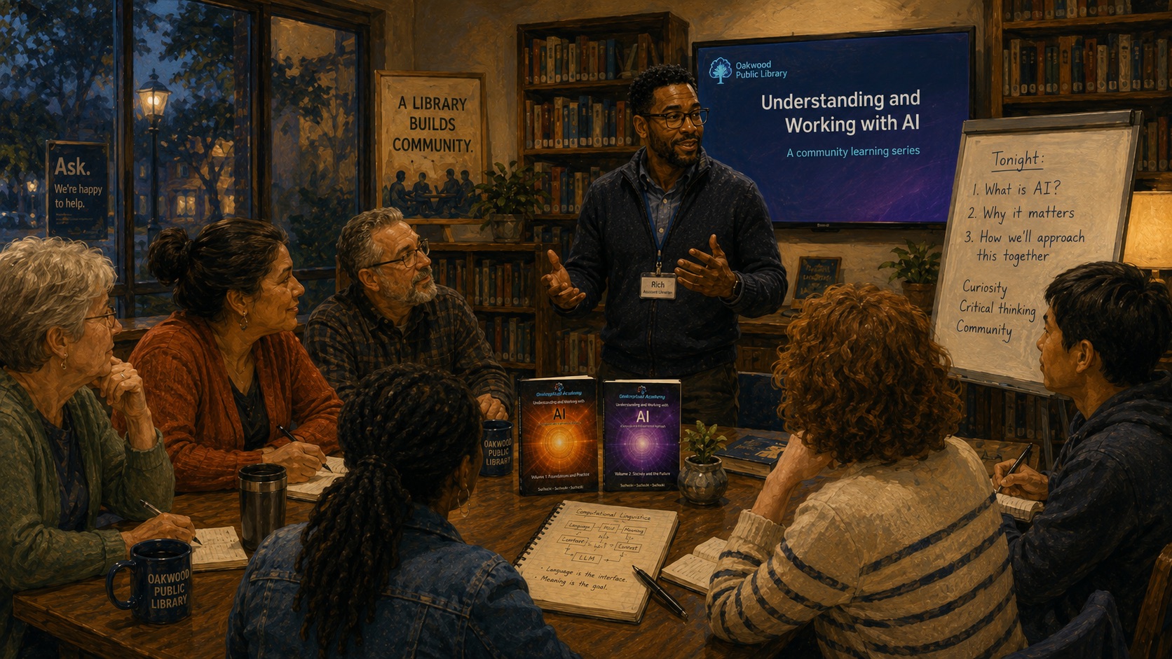 Rich leading the first Tuesday evening discussion, a group of adult learners gathered around a library table beneath a screen reading Understanding and Working with AI: A community learning series.