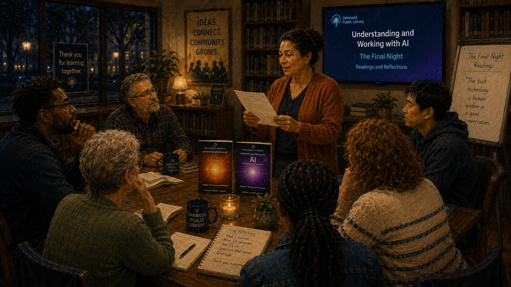 The final night — a participant standing to read from her work to the group, beneath a screen reading Understanding and Working with AI: The Final Night, Readings and Reflections.