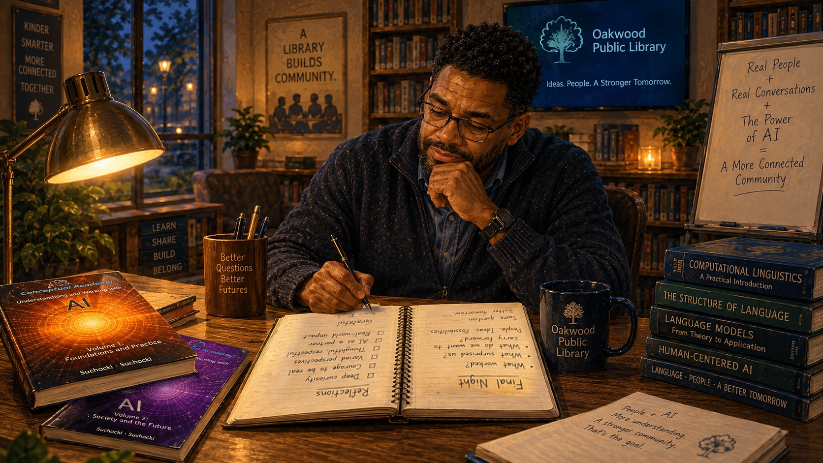 Rich alone at night, writing in his field journal after the last session, beside a whiteboard that reads: Real people plus real conversations plus the power of AI equals a more connected community.