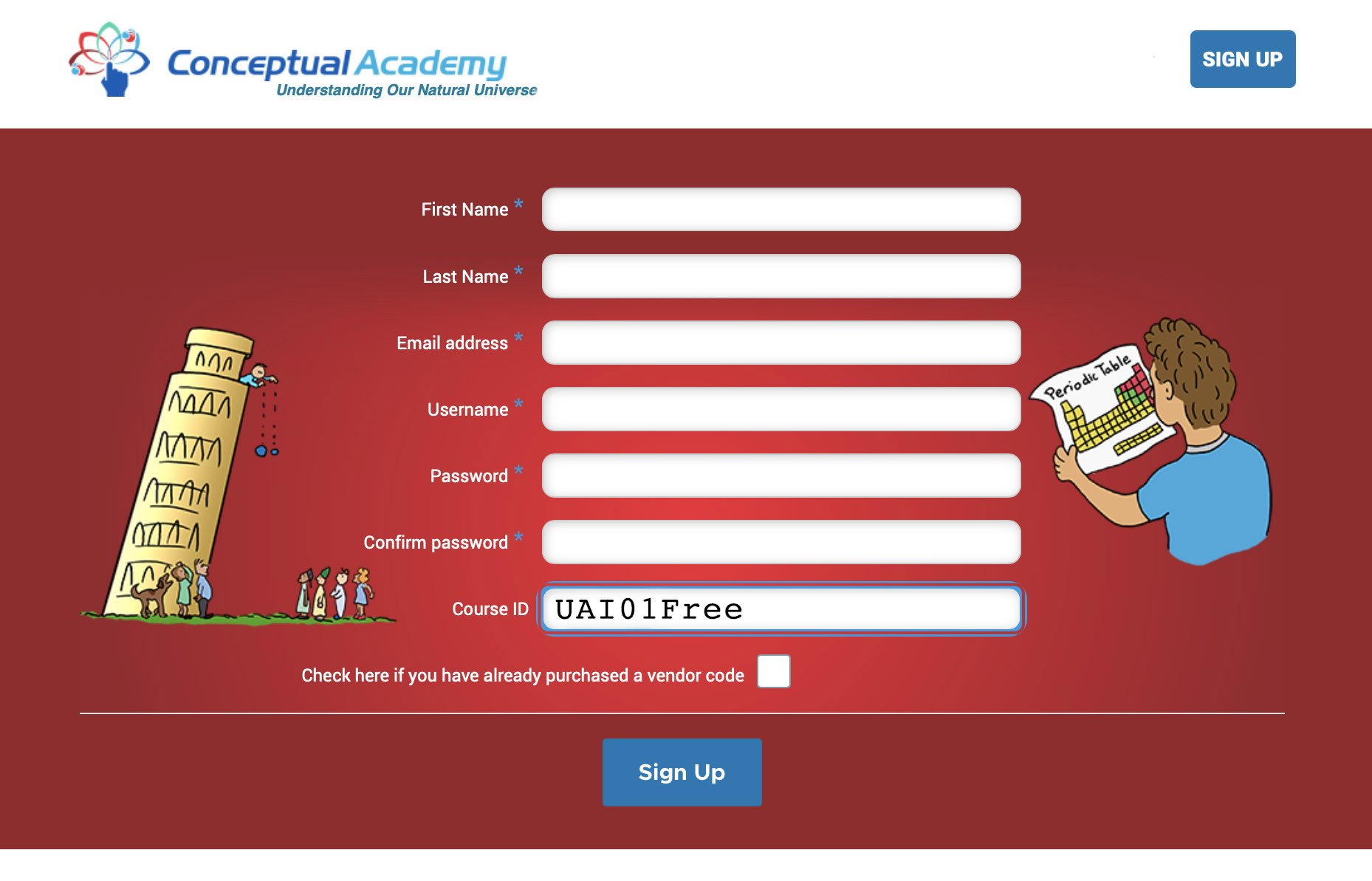 Conceptual Academy sign-up page with Course ID UAI01Free entered